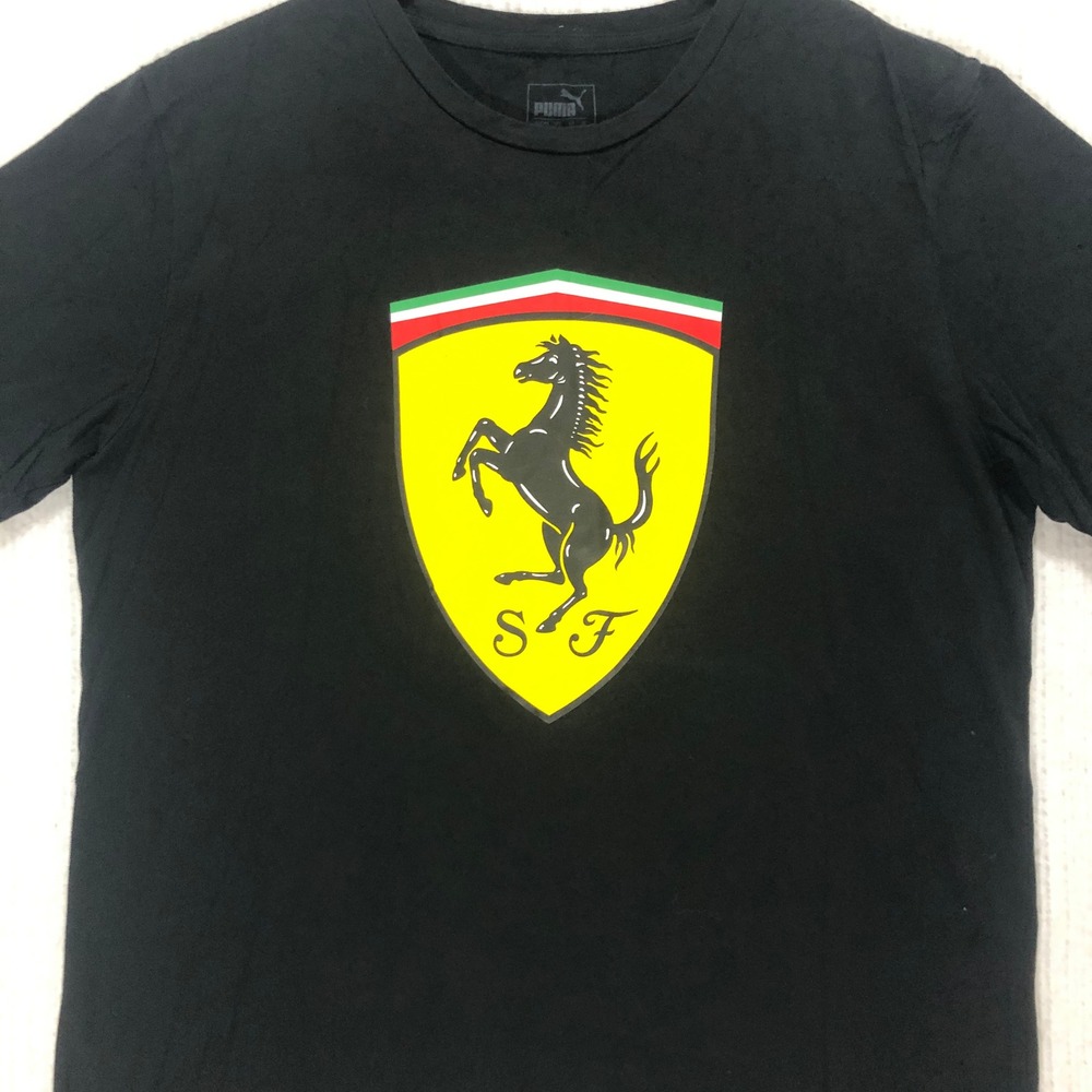 Puma Scuderia Ferrari Mens Large Black Graphic T-Shirt Shield Logo DryCell L